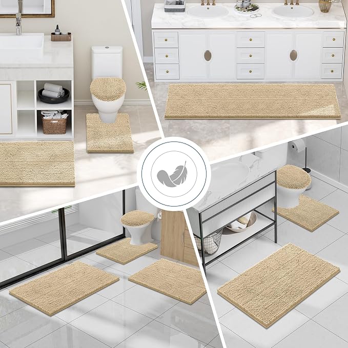 Smiry Chenille Bathroom Rugs Sets 2 Piece (47x17+24x16, Beige) | Soft Absorbent Machine Washable Non Slip Shaggy Bath Rug Set for Tub, Shower, and Floor, Home Decor