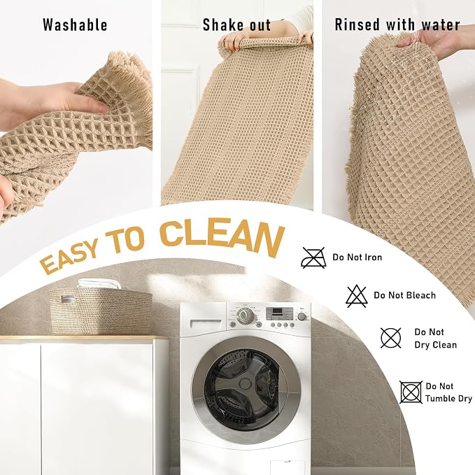 JIUZHEN Waffle Bath Mat Super Absorbent Non Slip Bath Mats for Bathroom Floor Waffle Knit Bathroom Mat with Tassels Machine Washable Bathroom Rugs for Beside Tub, 16" x 24", Strip-Brown