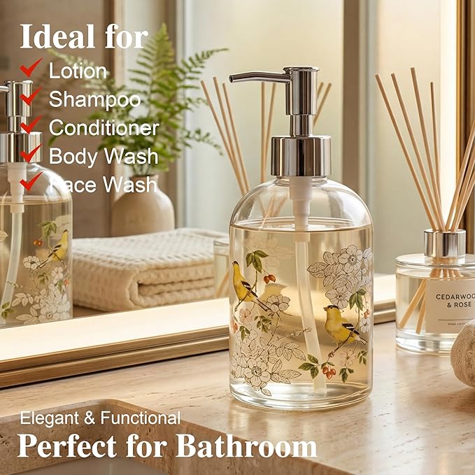 Topadorn Hand and Dish Soap Dispenser Set, 2 Pack 17oz Glass Soap Dispensers with Pump, Refillable Kitchen Soap Bottles, Vintage Floral & Goldfinch Bathroom Counter Decor