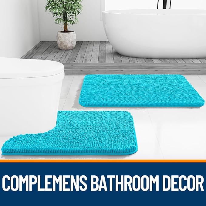 OLANLY Chenille Bathroom Rugs Mats Sets 2 Piece, 24"x16"+24"x20", Aqua Sky | Soft Absorbent Bath Mat and U-Shaped Contour Toilet Rug Set, Quick Dry, Machine Washable Bath Carpet, Home Decor Accessories