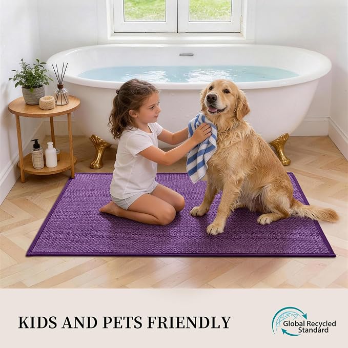 Purple Bathroom Rugs Sets 5 Piece, Quick Dry Thin Bath Mat with Toilet Rug - Non Slip Absorbent Machine Washable - Bath Runner Rugs for Bathtub Sink Home Decor
