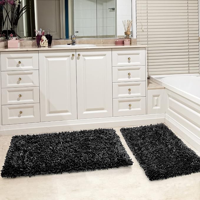 Yimobra Bathroom Rug Set 2 Piece, Luxury Shaggy Bath Mat Set with Non Slip Backing, Ultra Soft & Absorbent Mats for Bathroom Floor, Machine Washable, 44"x24"+24"x17", Black
