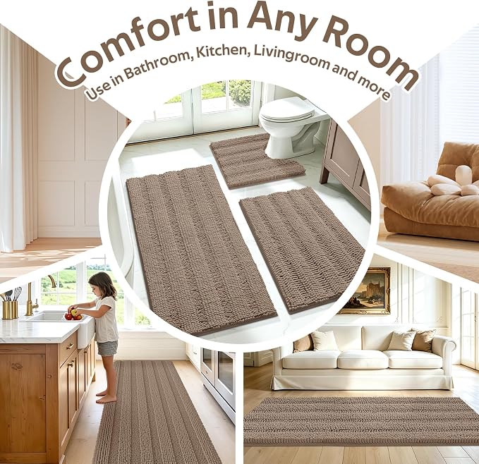ACCUMTEK Striped Dark Beige Bathroom Rug Mat Set 2 piece 32"x20"+60"x20" Ultra Soft, Non Slip Chenille Bath Rugs, Absorbent Plush Shaggy Bath Mats for Bathroom, Bedroom, Kitchen, Shower, Tub,Taupe