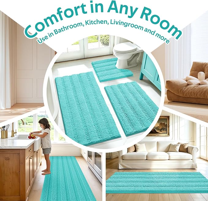 ACCUMTEK Striped Teal Green Bathroom Rug Set 3 Pieces Ultra Soft, Non Slip Chenille Toilet Mat, Absorbent Plush Shaggy Bath Mats for Bathroom, Bedroom, Kitchen, Turquoise