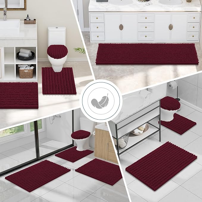 Smiry Bathroom Toilet Rugs U Shaped 20X20, Chenille Bath mats for Toilet | Burgundy Extra Soft Absorbent Non Slip Rubber Backing Contour Bath Rugs for Toilet, Machine Washable Contoured Bath Mats