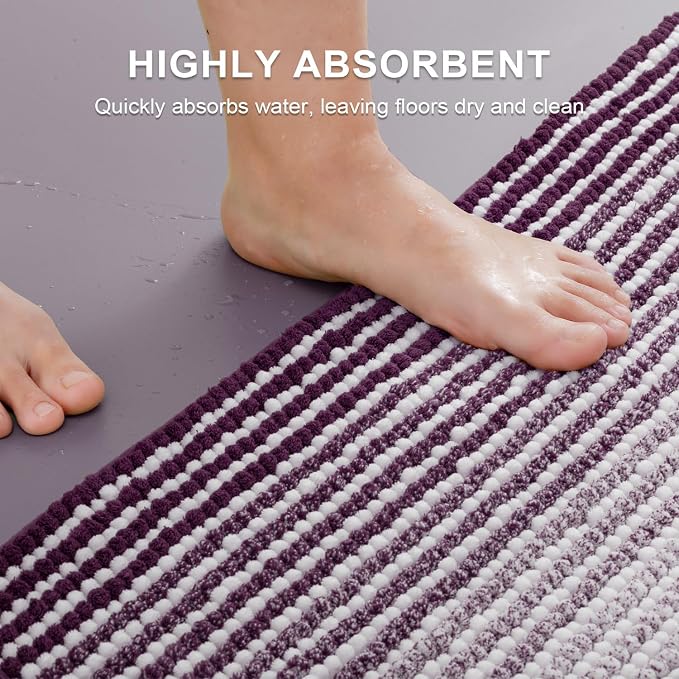 BSICPRO Bathroom Rugs Sets 2 Piece, Non Slip Striped Bath Mats, Mauve Wine | 20"x32" Plus 16"x24", Soft Absorbent Chenille, Quick Dry Machine Washable, Shower Rug for Bathroom Floor, Tub, Bedroom Decor