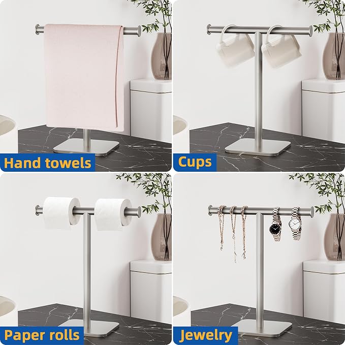 RUACQ T-Shape Hand Towel Holder Stand, Weighted Base Towel Rack, 12" Countertop Towel Holder for Bathroom, 304 Stainless Steel, Heavy Duty (Brushed Nickel, 2 Pack)