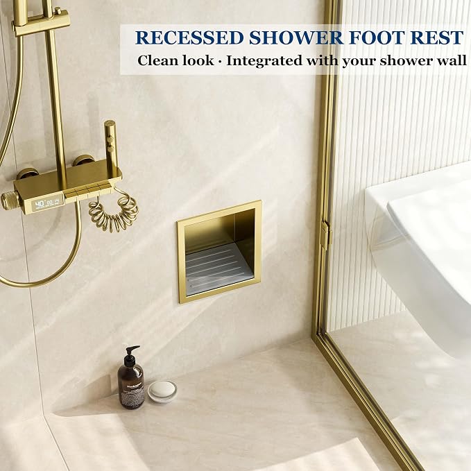 Neodrain Shower Foot Rest for Shaving Legs, 304 Stainless Steel Shower Niche, Recessed Shower Step for Shaving Legs,Niche for Shower Wall, Bathroom Foot Rest (Golden, 6.7" x 6")