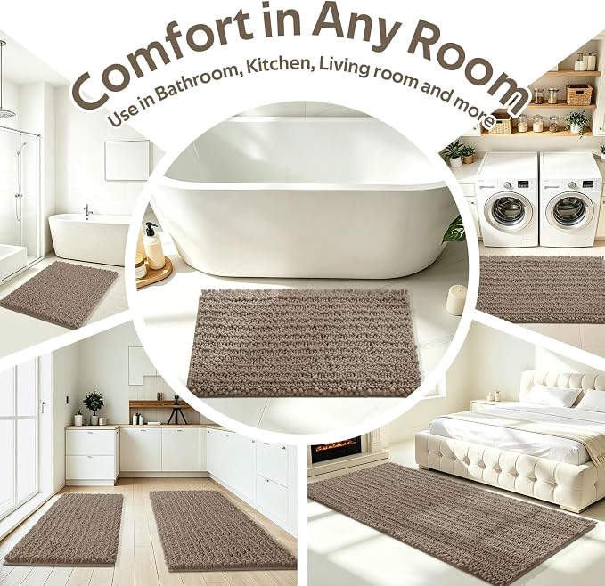 ACCUMTEK Upgrade Extra Large Dark Beige Bathroom Rug Set 3 Pieces Gray Ultra Soft, Thick Absorbent Bath Mats, Non Slip Chenille Toilet Mat Bathroom, Bedroom, Kitchen, Taupe