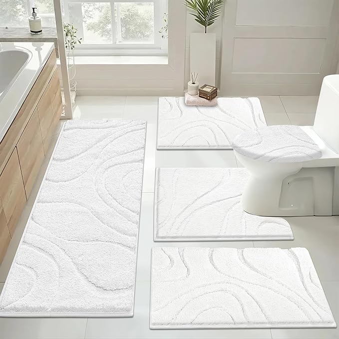 HEBE Bathroom Rugs Sets 5 Piece, Non Slip Washable Absorbent Bath Mat Set | Super Soft Plush Microfiber Bathroom Mats with Runner Set, Solid Bathmat with U-Shaped Toilet Rug Cover Set for Tub, Shower