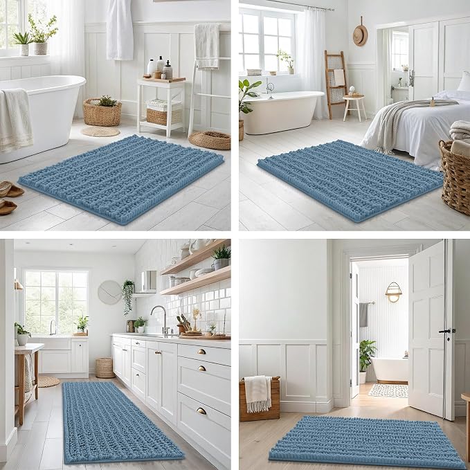 Smiry Bathroom Rugs 47X24, Extra Soft Rubber Backing Chenille Bath Mats | Grayish Blue Machine Washable Non Slip Quick Dry Bath Mats for Bathroom Floor, Tub, Shower, Home Decor Accessories