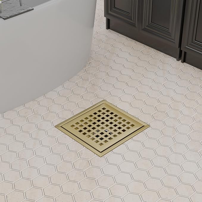 6 Inch Square Gold Shower Drain with Flange,Modern Floor Drain with Quadrato Pattern Grate Removable,SUS 304 Stainless Steel