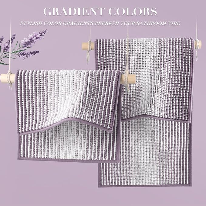 Bathroom Rugs Sets 2 Piece, Non Slip Bath Mats, Lavender Purple | 20"x32" Plus 16"x24", Soft Absorbent Chenille, Quick Dry Machine Washable, Shower Rug for Bathroom Floor, Tub, Bedroom Decor
