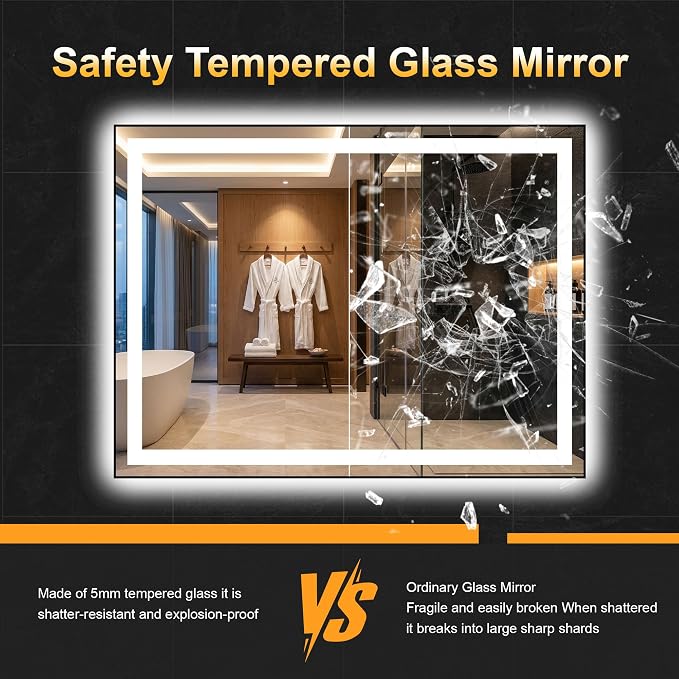 LED Bathroom Mirror with Light, 30x50 Vanity Mirror for Wall with Frame | Anti-Fog, Dimmable 3 Colors, Memory Function, Backlit and Front Lit, Shatter-Proof Glass, Plug-in/Hardwired