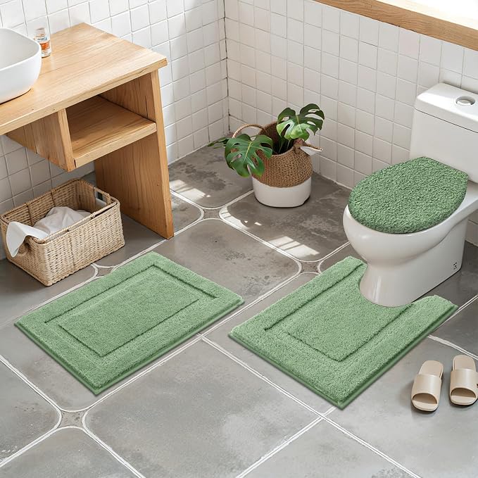 SHACOS Microfiber Bathroom Rugs Set of 3 with Toilet Lid Cover Non Slip | Washable Bath Mat Absorbent Bathroom Carpet 16"x24"+U Shape Toilet Rug 20"x24"+Toilet Lid Cover 19"x21", Sage Green