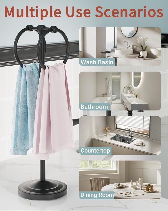 18" Hand Towel Holder Stand, Stainless Steel Free Standing Towel Rack Bar,Double Ring Towel Hanger with Weighted Base, Towel Hardware for Bathroom Vanity Kitchen Countertops(Matte Black)