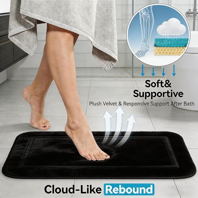 Bathroom Rugs Set 3 Piece Memory Foam, Bordered Toilet Rug, Non-Slip Black | Modern & Monochrome Decor — Black bath mats, absorbent and washable, with a U-shaped toilet mat.