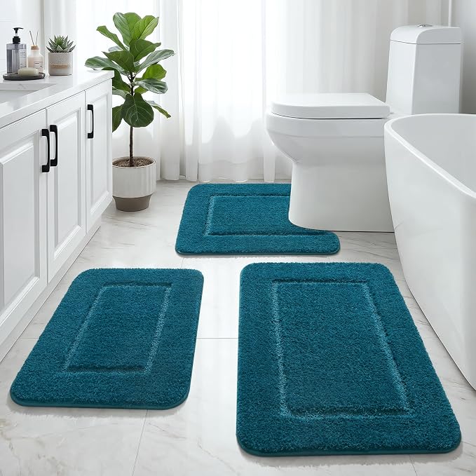 LOCHAS Bathroom Rug Set, Bath Rugs Sets 3 Piece Non Slip, Peacock Blue | Washable Absorbent Microfiber Bath Mat Set, Soft Cozy Bathroom Mat for Shower Sink Toilet