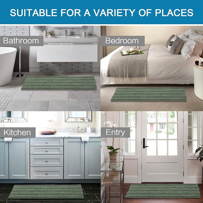 H.VERSAILTEX Bath Rugs for Bathroom Non Slip Bath Mats Extra Thick Chenille Striped Bath Rug Runners 47" x 17" Absorbent Fluffy Soft Shaggy Mats Dry Fast Plush Area Carpet for Bath Room - Green Bay