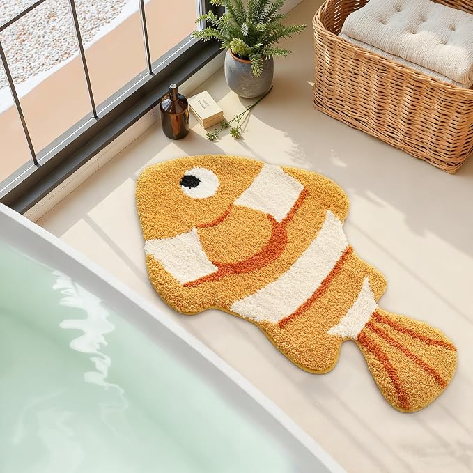 LUMI Cute Animal Bathroom Rugs, Plush Absorbent Bath Mats for Bathroom, Non-Slip Backing Washable Bath Mat, Ideal for Shower Sink Bathtub Room Decor, 20"x35", Clownfish