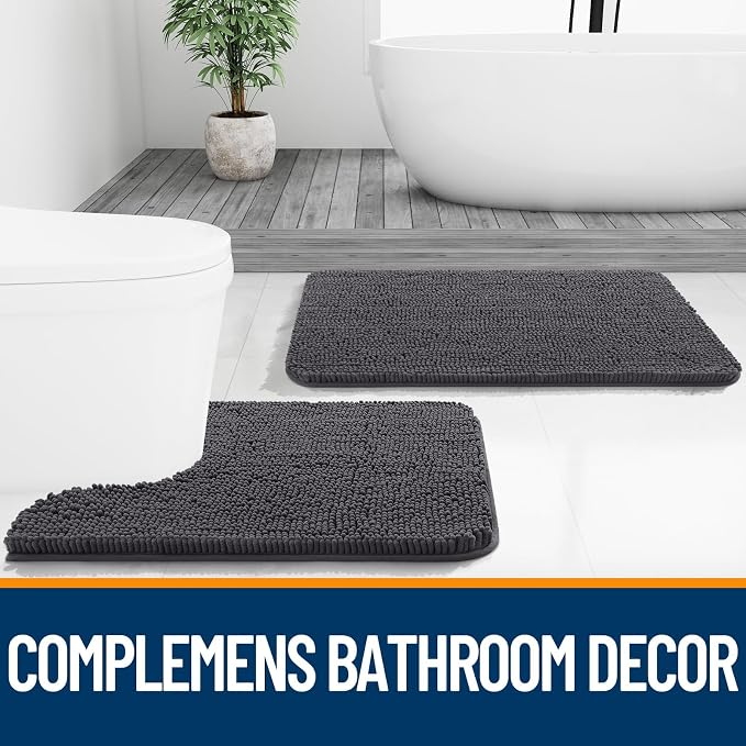 OLANLY Chenille Bathroom Rugs Mats Sets 2 Piece, 36"x24"+24"x20", Dark Grey | Soft Absorbent Bath Mat and U-Shaped Contour Toilet Rug Set, Quick Dry, Machine Washable Bath Carpet, Home Decor Accessories