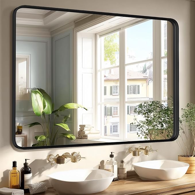 40x30 Inch Rectangle Bathroom Mirror for Wall, Matte Black Metal Framed, Bathroom Vanity Mirrors for Restroom Farmhouse, Anti-Rust, Tempered Glass, Horizontally or Vertically Hanging