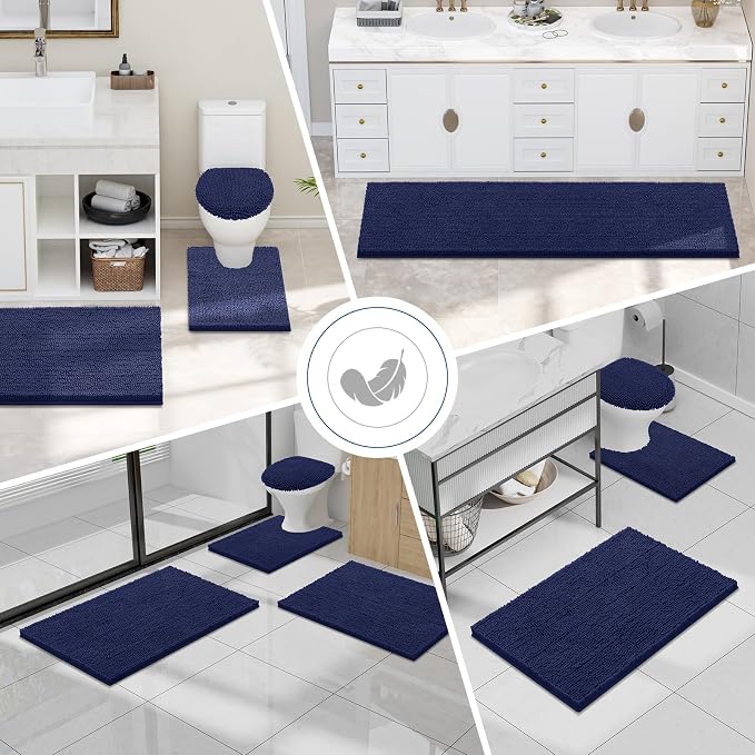 Smiry Chenille Bathroom Rugs Sets 2 Piece (36x24+24x16, Navy Blue) | Soft Absorbent Machine Washable Non Slip Shaggy Bath Rug Set for Tub, Shower, and Floor, Home Decor