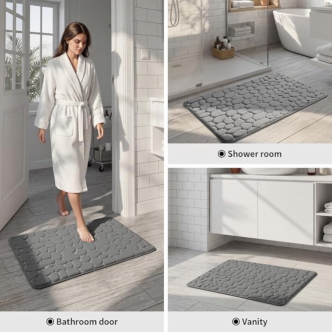 YIHOUSE Memory Foam Bath Mat Cobblestone Bathroom Rugs Super Water Absorbent Bath Mats for Bathroom Machine Washable Bath Rugs(24 x 36,Dark Gray)