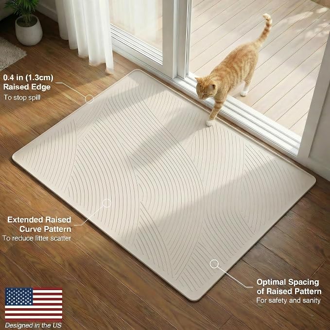Cat Litter Box Mat - XL Extra Large Size 40 x 30 in, Water Proof, Kitty Litter Trapping Mat, Easy to Clean, Scatter Control, Odorless, Pet Supplies for Indoor Cats, Warm Beige
