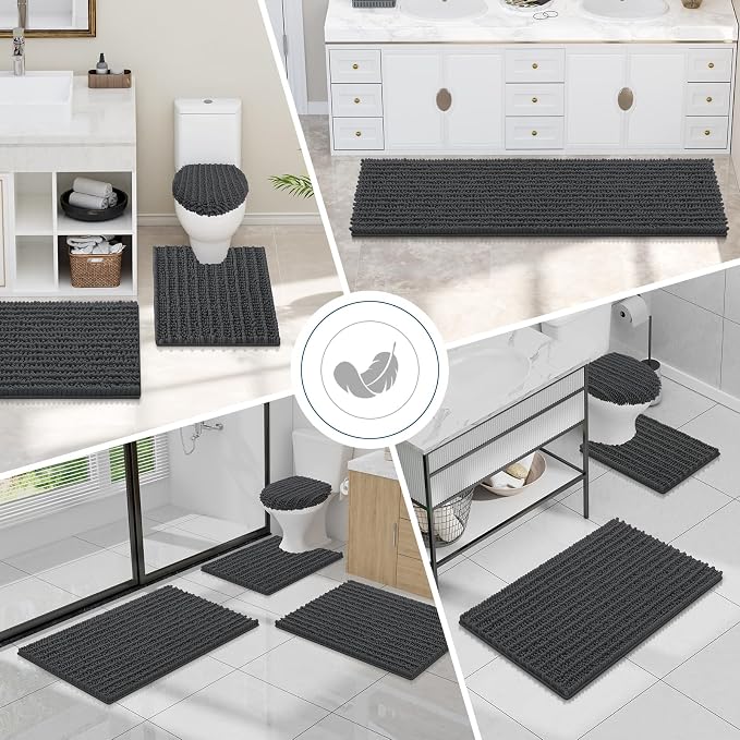 Smiry Bathroom Toilet Rugs U Shaped 24x24, Chenille Bath mats for Toilet | Dark Grey Extra Soft Absorbent Non Slip Rubber Backing Contour Bath Rugs for Toilet, Machine Washable Contoured Bath Mats