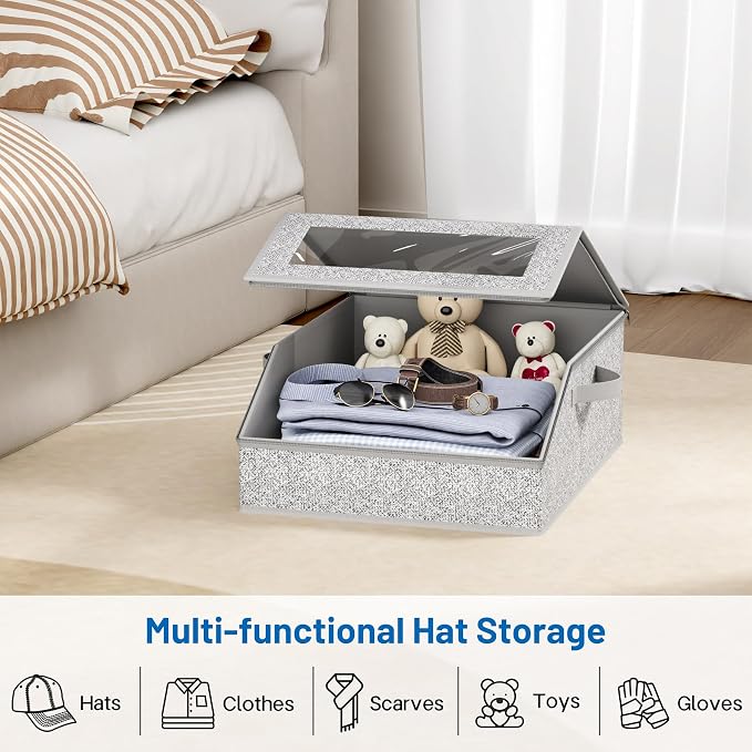 AOODA Sturdy Hat Storage for Baseball Caps, Holds up to 24 Caps Clear Hat Organizer for Closet, Bedroom, Wide Hat Box with Cardboard (Grey)