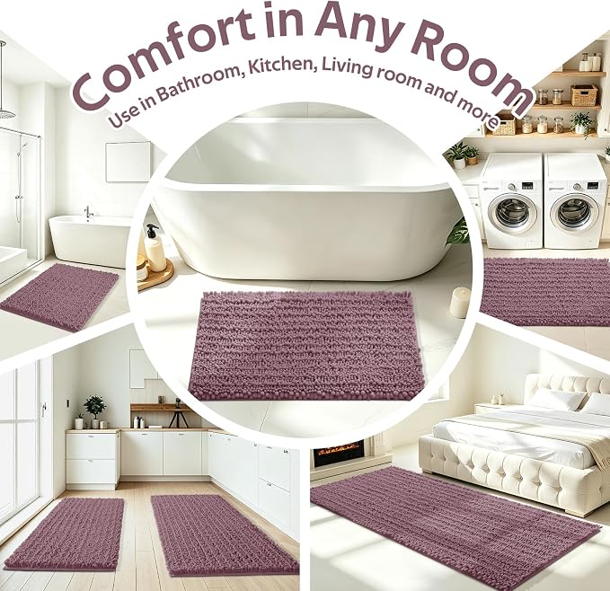 ACCUMTEK Upgrade Extra Large Mauve Bathroom Rug Set 3 Pieces Ultra Soft, Thick Absorbent Bath Mats, Non Slip Chenille Toilet Mat for Bathroom, Bedroom, Kitchen