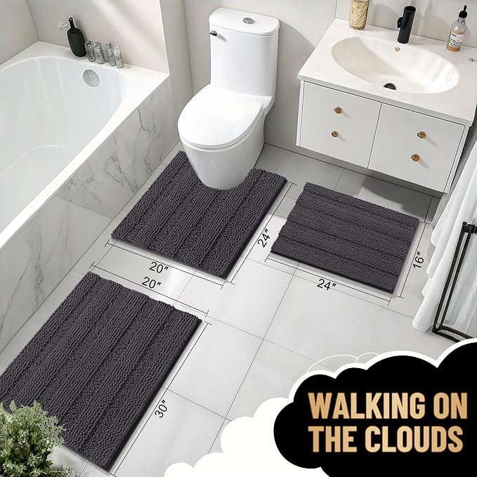 OLANLY Thick Chenille Bathroom Rugs Sets 3 Piece, 30"x20"+24"x16"+24"x20" | Dark Grey, Absorbent Bath Mats and U-Shaped Contour Toilet Rug, Home Decor Accessories, Bath Mat Set for Bathroom