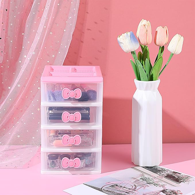 Girls Cute Lovely Color Storage Box Makeup Organizer with 4 Layers, Cute Storage Cabinet Box with Bow Handle, Desktop Storage Box for Home Bedroom Bathroom Women Girl Gifts (Pink)