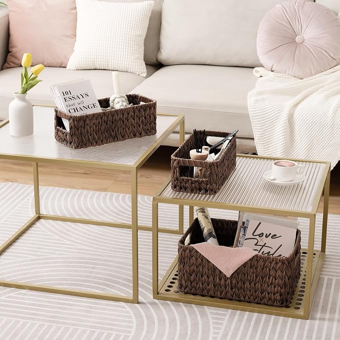 GRANNY SAYS Storage Baskets for Shelves, Waterproof Basket Set for Organizing, Toilet Wicker Basket Tank Topper, Wicker Baskets with Handles, Dark Brown, 3-Pack