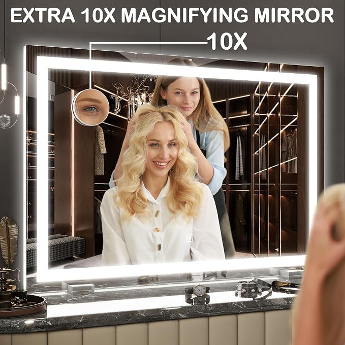 FENNIO Makeup Mirror with Lights 32"x22" ,LED Makeup Mirror ,Large Vanity Mirror with Lights,Touch Sensor with Dimmable 3 Modes, Square White