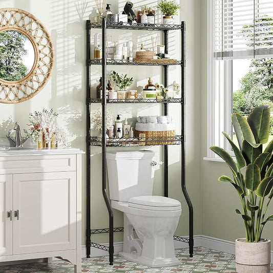 Simple Trending 4 Tier Over The Toilet Storage Rack, Bathroom Organizers and Storage Over Toilet with Adjustable Shelf and Basket, (Black)