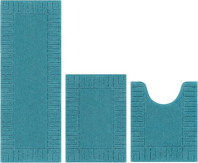 Pauwer Bathroom Rugs Sets 3 Piece, Microfiber Bath Mat Set, Aqua Blue | Non Slip Washable, Soft Plush, Extra Absorbent Bath Mats, U Shaped Contour Toilet Rug for Bathroom
