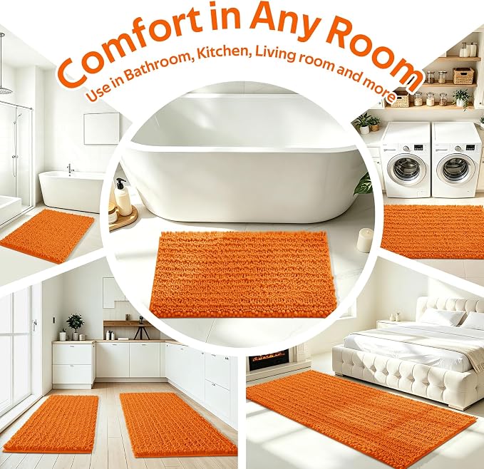 ACCUMTEK Upgrade Extra Large Orange Bathroom Rug Set 3 Pieces Ultra Soft, Thick Absorbent Bath Mats, Non Slip Chenille Toilet Mat for Bathroom, Bedroom, Kitchen