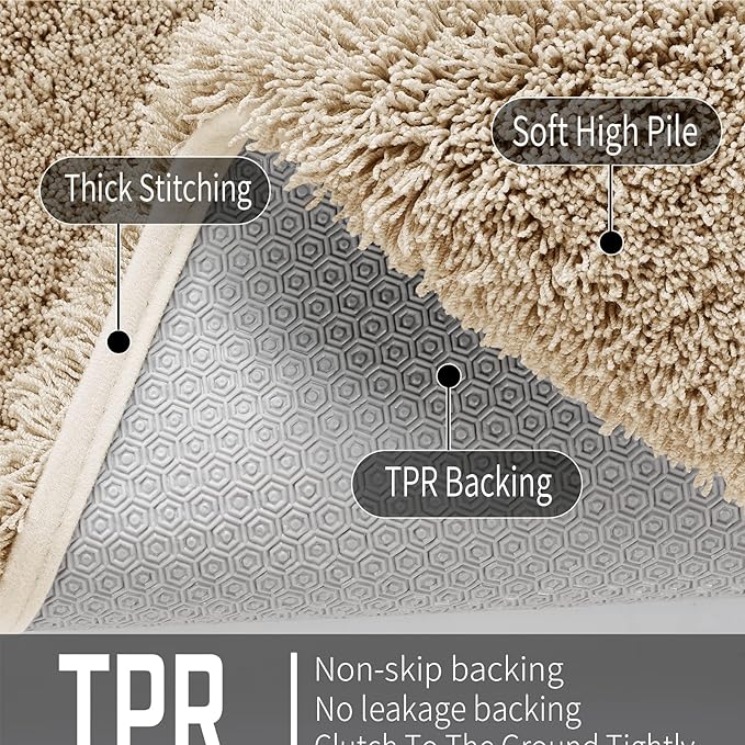 Yimobra Bathroom Rugs Non Slip Washable, Ultra Soft and Water Absorbent Bath Mats, Plush Fluffy Shower Mat Outside, Dries Quickly, Microfiber Thick Matts for Bathroom Floor/Sink, 24X17, Pure Beige