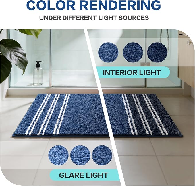 Kmson Bathroom Rugs Mat, 20"x32" Ultra Soft Washable Shaggy Chenille Bath Rugs, Non-Slip Fluffy Thick Water Absorbent Microfiber Mat for Bathtub, Sink and Shower, Navy Blue