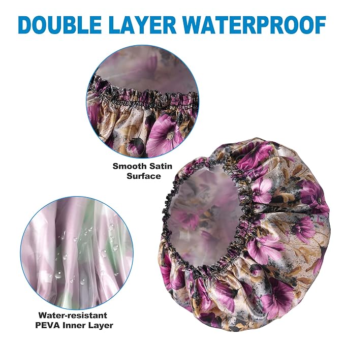 Shower Cap for Women Set of 4, Reusable Bath Caps + 2 Satin Hair Scrunchies | Double Layers, Waterproof Hair Caps, for Bath Accessories, Spa, Travel Home - Pattern C
