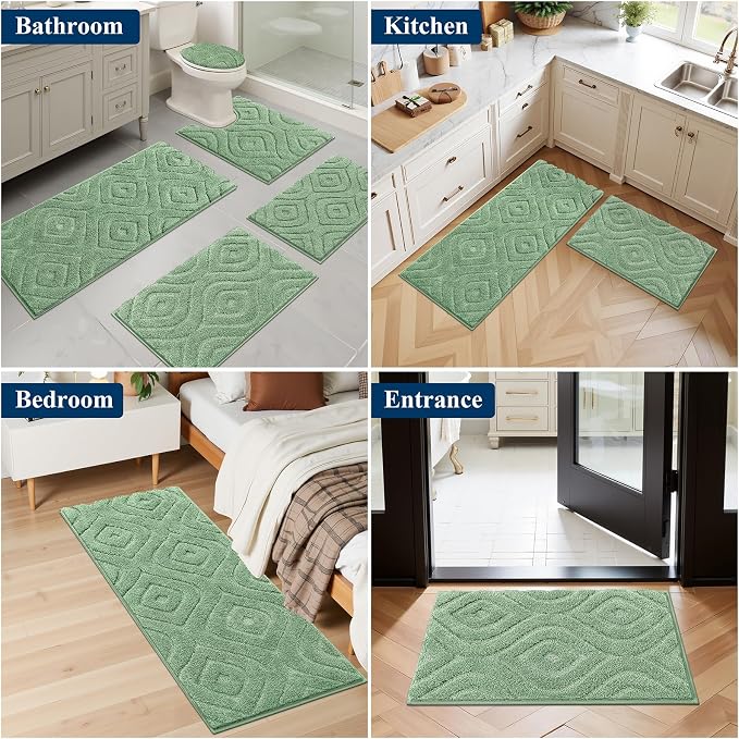 Ileading Bathroom Rugs Sets 5 Piece, Non Slip Washable Bath Mat Set | Absorbent Plush Microfiber Bathroom Mat Set with Toilet Cover, Bath Runner and U-Shaped Contour Rug for Tub, Shower, Green