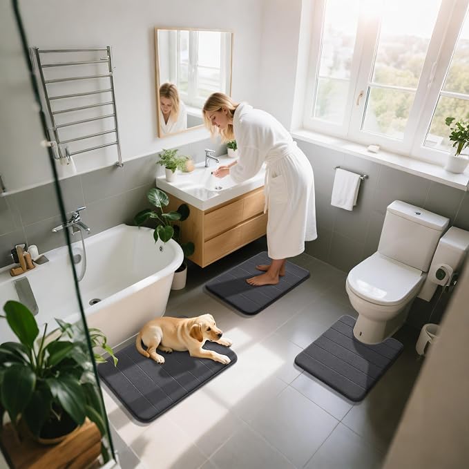 Yimobra Memory Foam Bath Mat Set 3 Pieces- Super Soft Absorbent Quick Dry Bathroom Rug Sets, Machine Washable Non Slip Floor Carpet for Tub Shower, Vanity & Toilet Base, Dark Gray