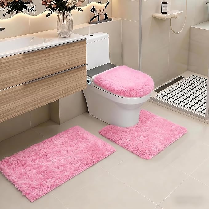 Shaggy Bathroom Rugs Sets 3Piece Bath Mat for Bathrom Non-Slip Bathrom Mats Water Absorbent Bath Rug Floor Mats Soft Washable Shower Rug with U-Shaped Contour Rug Toilet Lid Cover Light Pink