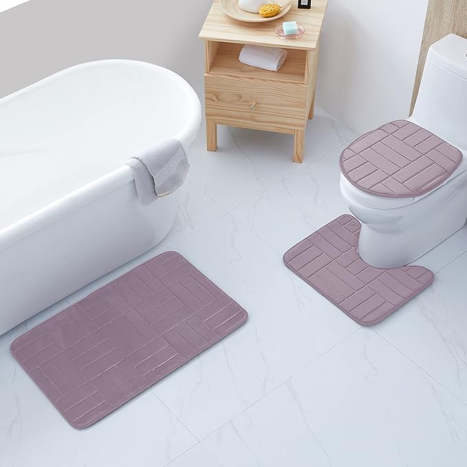 All American Collection 3PC Memory Foam Bath Mats Soft Plush Stripe Design Anti-Slip Shower Bathroom Contour Toilet Lid Cover Rugs (Stripe Lavender)