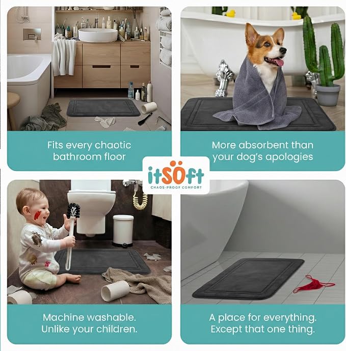 ITSOFT Memory Foam Bath Mat 24x16, Non Slip, Machine Washable, Quick Dry & Absorbent Rugs, Bath Mats for Bathroom Floor, Tub & Shower, Bathroom Rug, Charcoal Gray