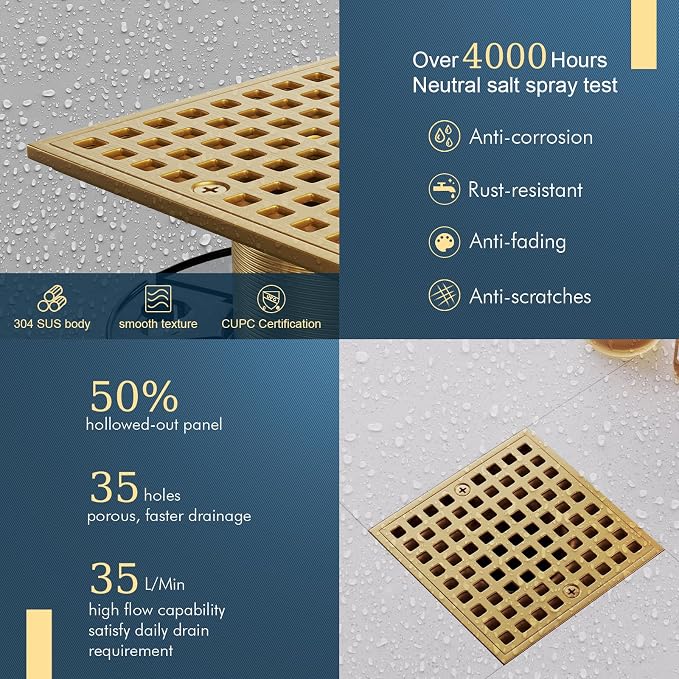 Champagne Bronze 4 Inch Shower Floor Drain with Flange - Square Shower Drain with Hair Strainer - Removable Strainer Cover - SUS304 Stainless Steel - Antique Brass