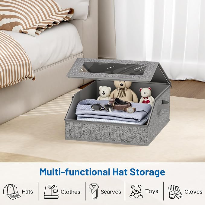 AOODA Sturdy Hat Storage for Baseball Caps, Holds up to 24 Caps Clear Hat Organizer for Closet, Bedroom, Wide Hat Box with Cardboard (Slate Grey)