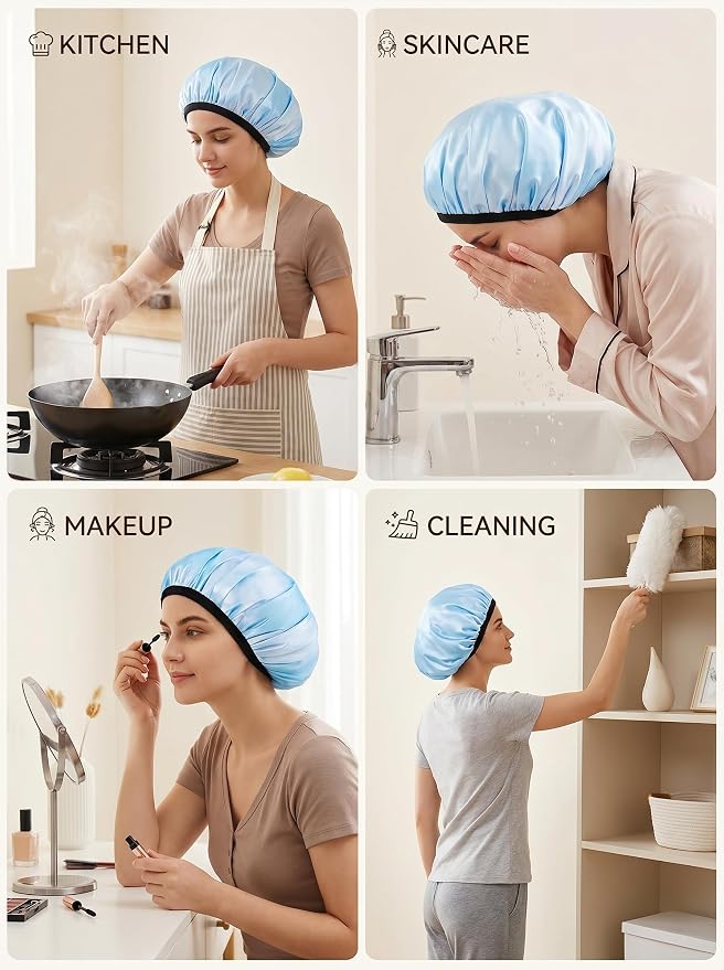 Aquior Shower Caps,Terry Lined Shower Cap for Women Reusable, Triple Layer Waterproof Bath Cap, Extra Large for Women Long Hair